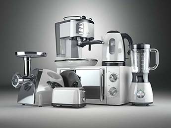 Small size kitchen appliances including a blender, a food processor, mixer, a toaster, an electric kettle.